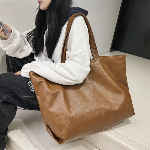 Black Color Oversized Tote Bags Women 2021 Lightweight Big Capacity Soft Leather Shoulder Bag Unisex