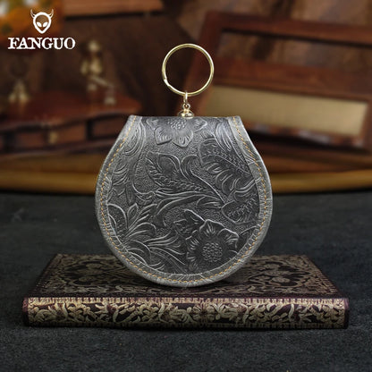 Crazy Horse Leather Mini Coin Purse – Floral Embossed Women's Wallet & Key Holder