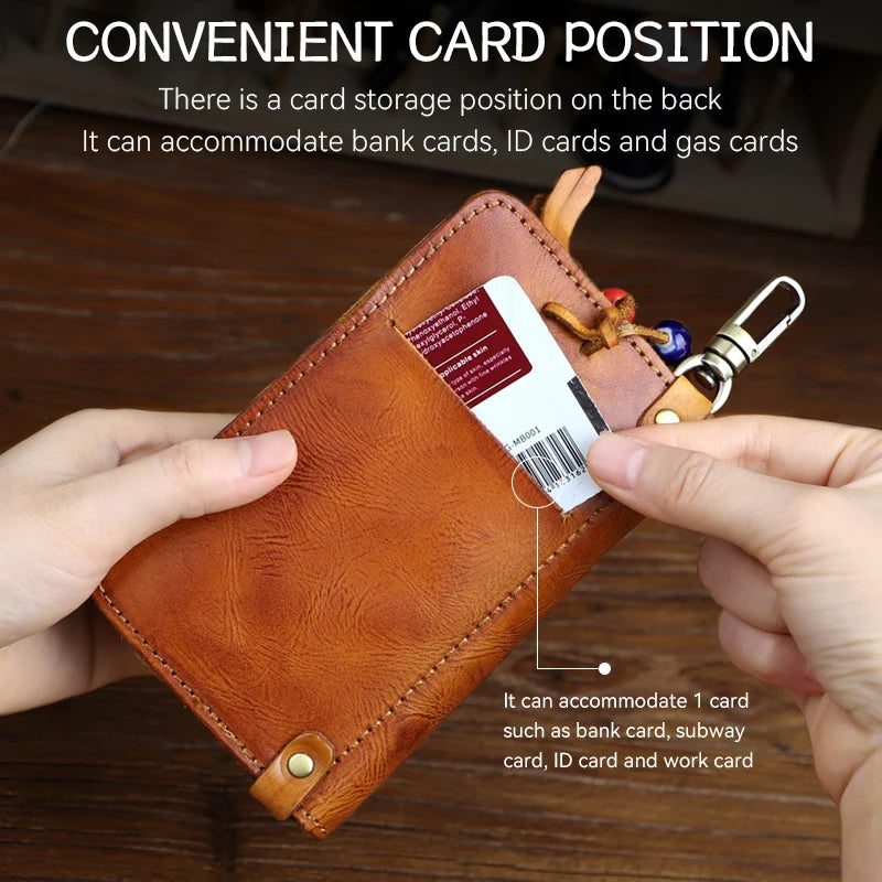 Men's Retro Leather Key Wallet with Card Slots & Zipper Coin Purse