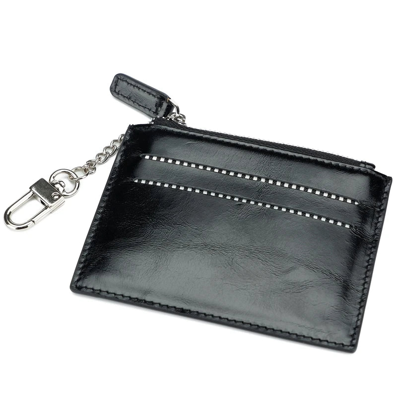 Genuine Leather Zipper Coin Purse & Card Wallet with Key Clip