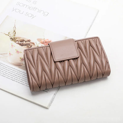 Women's Long Genuine Sheepskin Leather Wallet – Pleated Large Capacity Zipper Clutch