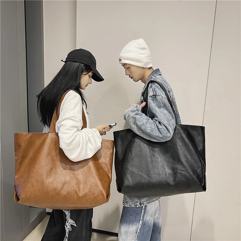 Black Color Oversized Tote Bags Women 2021 Lightweight Big Capacity Soft Leather Shoulder Bag Unisex