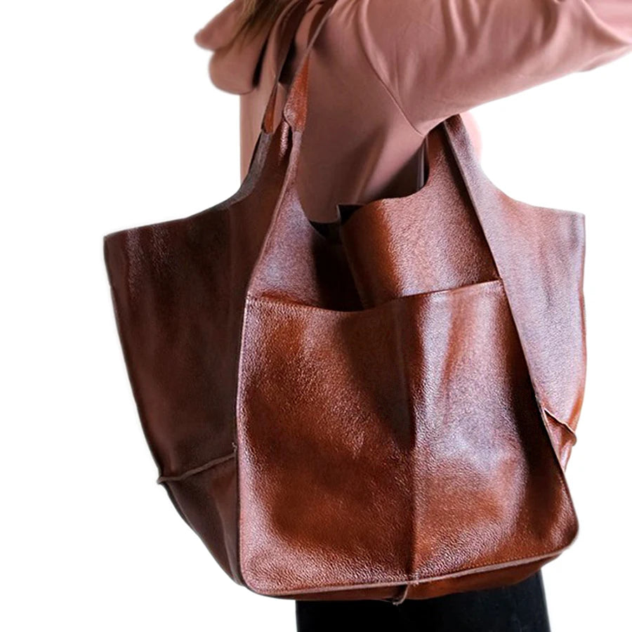 Casual Soft Large Capacity Tote Women Handbags Designer Aged Metal Look Luxury Pu Leather Shoulder