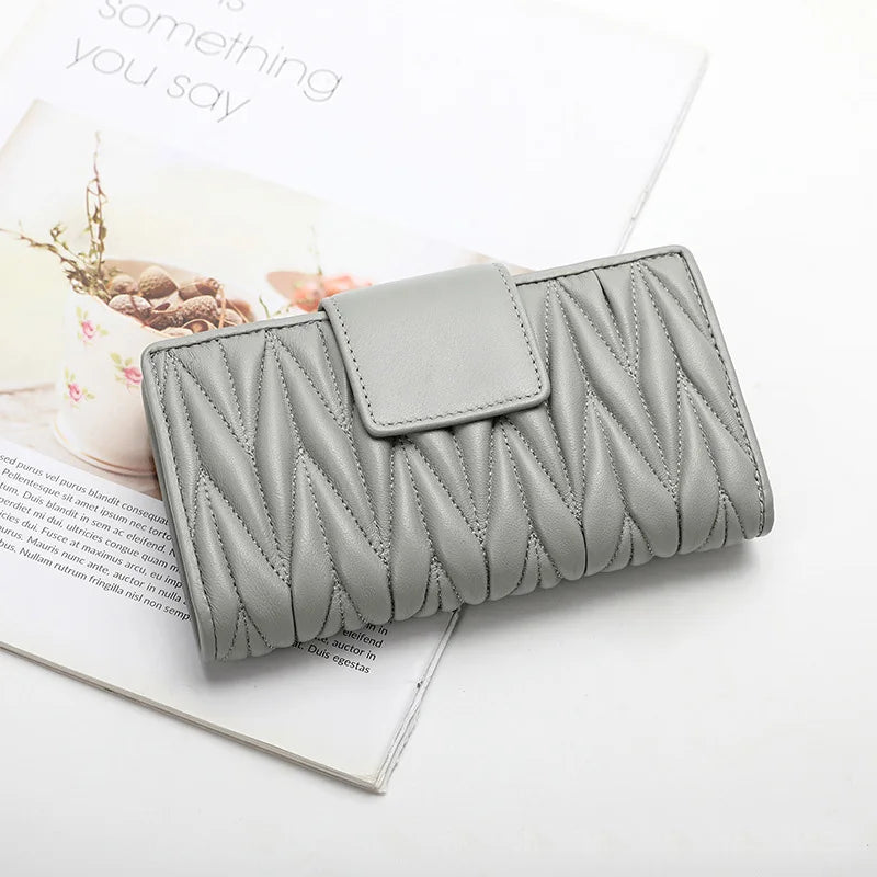 Women's Long Genuine Sheepskin Leather Wallet – Pleated Large Capacity Zipper Clutch