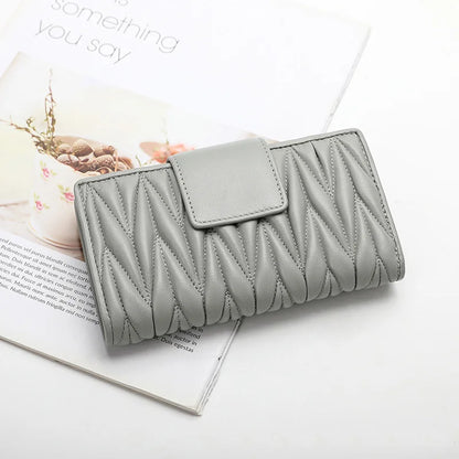 Women's Long Genuine Sheepskin Leather Wallet – Pleated Large Capacity Zipper Clutch