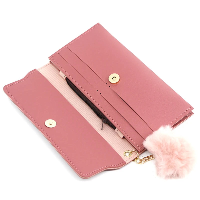 Women's Long Wallet – Butterfly PU Leather Purse with Pom-Pom