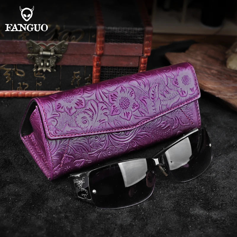 Genuine Leather Eyewear Case with Floral Embossing & Magnet Closure