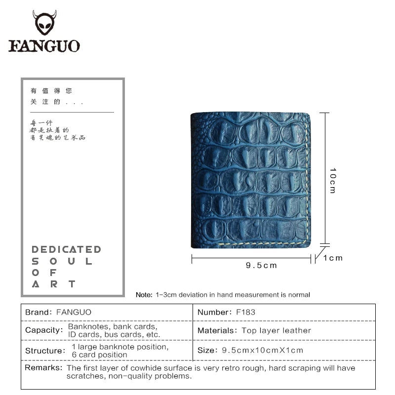 Crocodile Pattern Genuine Leather Wallet for Men – Handmade Bifold