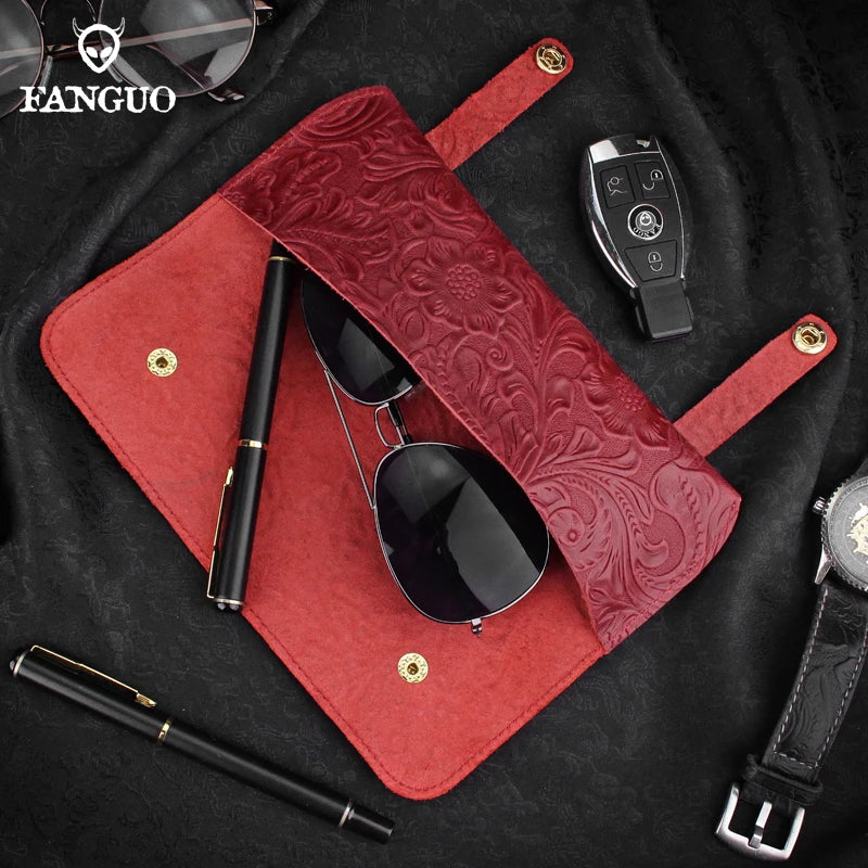 Leather Glasses Case – Handmade Floral Embossed Eyeglasses Pouch