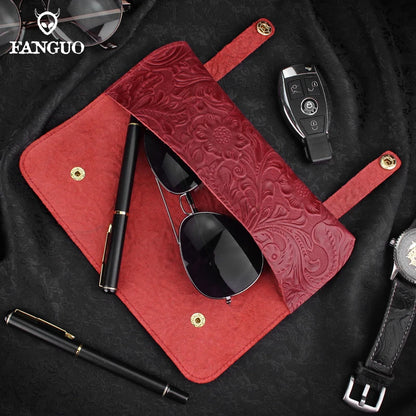 Leather Glasses Case – Handmade Floral Embossed Eyeglasses Pouch