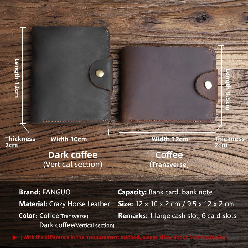 Crazy Horse Leather Men's Wallet – Handmade Cowhide, 6 Card Slots & Coin Purse