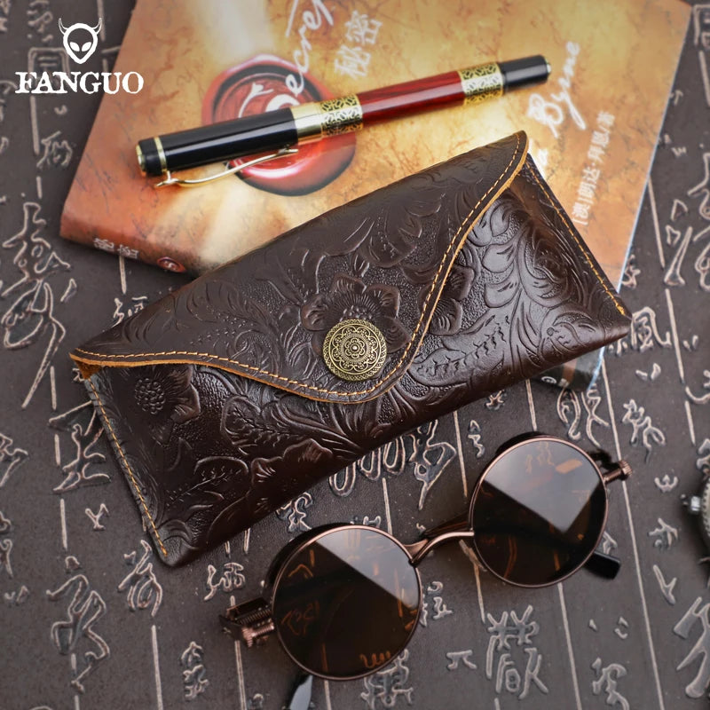 Handmade Genuine Leather Glasses Case – Vintage Floral Embossed
