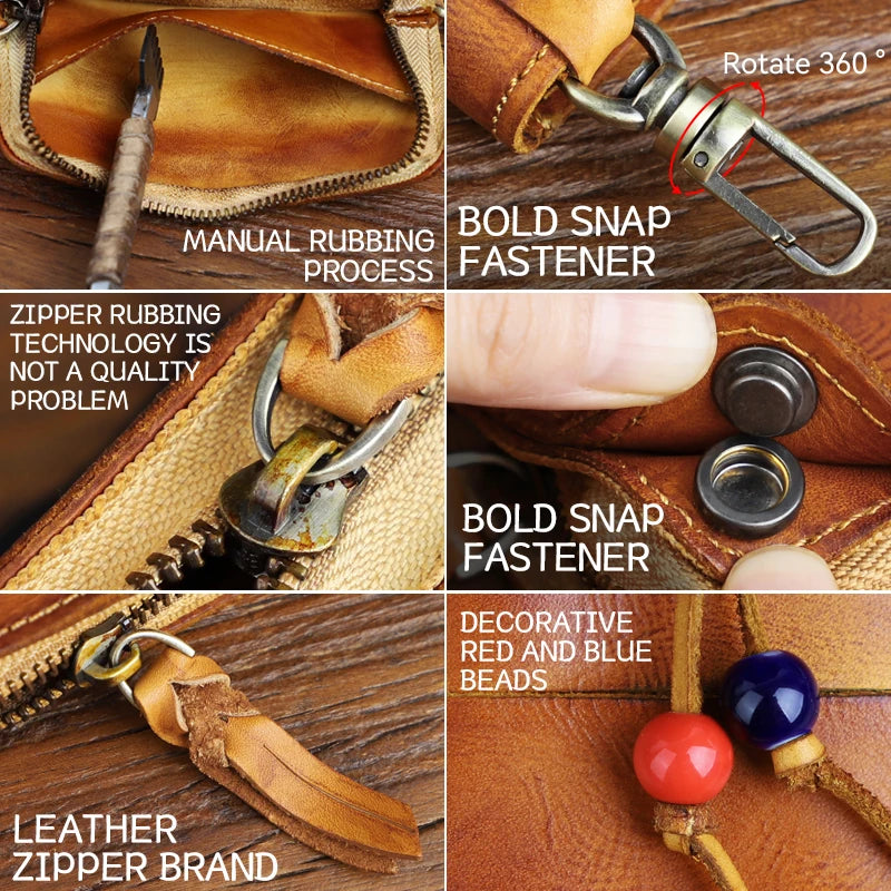 Men's Retro Leather Key Wallet with Card Slots & Zipper Coin Purse