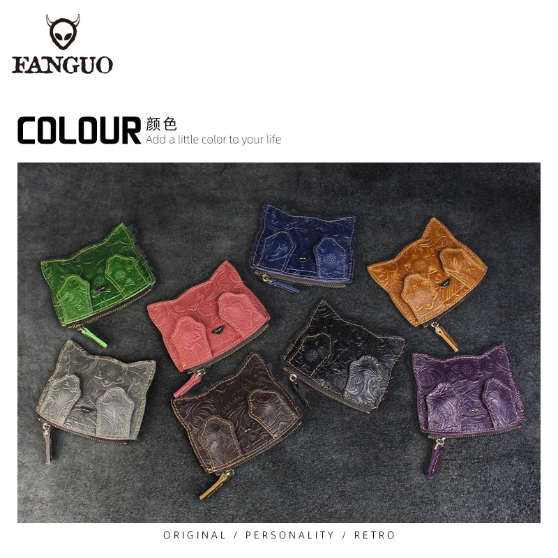 Cute Cat Leather Coin Purse – Handmade Floral Embossed Mini Wallet