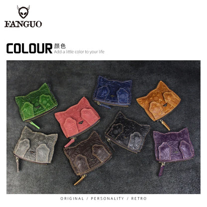 Cute Cat Leather Coin Purse – Handmade Floral Embossed Mini Wallet