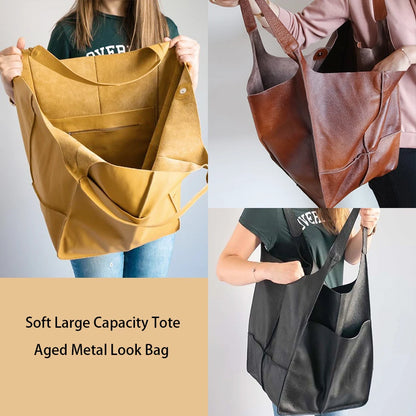 Casual Soft Large Capacity Tote Women Handbags Designer Aged Metal Look Luxury Pu Leather Shoulder