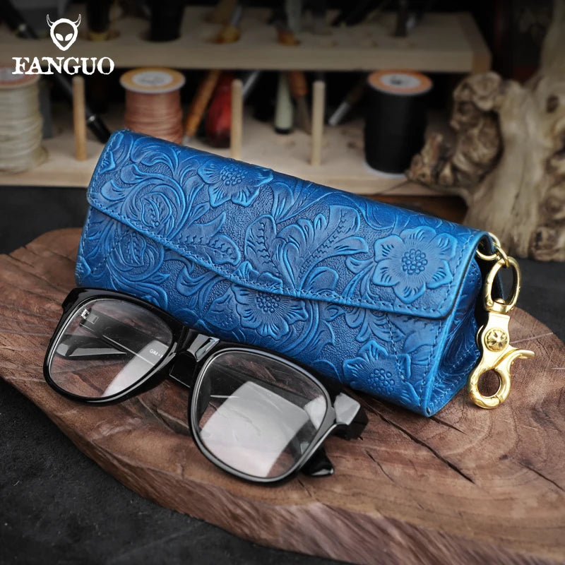 Genuine Leather Eyewear Case with Floral Embossing & Magnet Closure