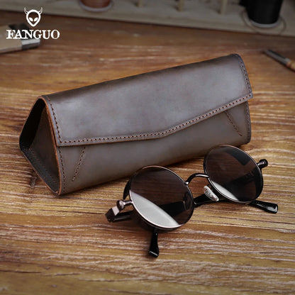 Genuine Leather Sunglasses Case – Retro Folding Eyewear Box with Magnet