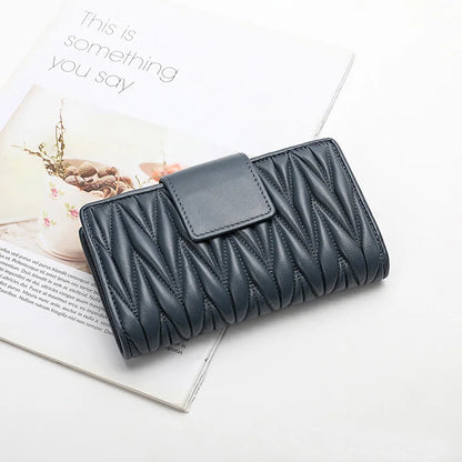 Women's Long Genuine Sheepskin Leather Wallet – Pleated Large Capacity Zipper Clutch
