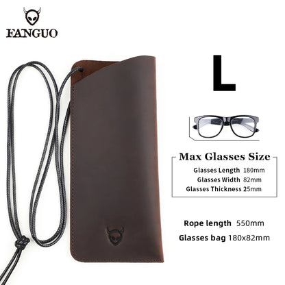 Genuine Leather Glasses Case Soft Pouch with Neck Strap