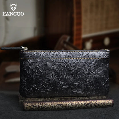 Genuine Leather Long Wallet for Women – Floral Embossed Clutch Purse
