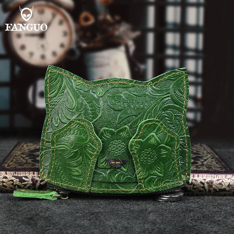 Cute Cat Leather Coin Purse – Handmade Floral Embossed Mini Wallet