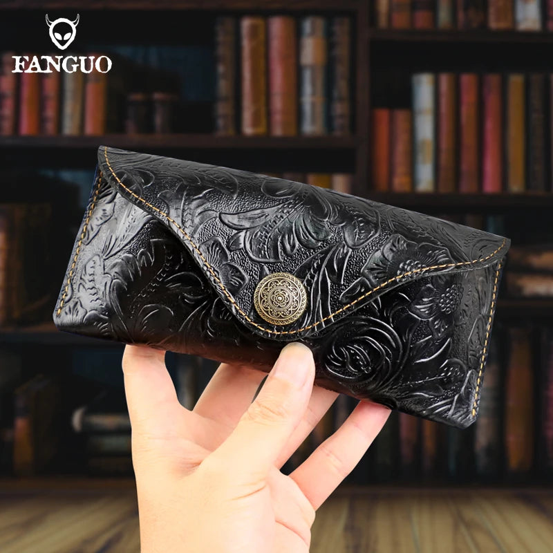 Handmade Genuine Leather Glasses Case – Vintage Floral Embossed