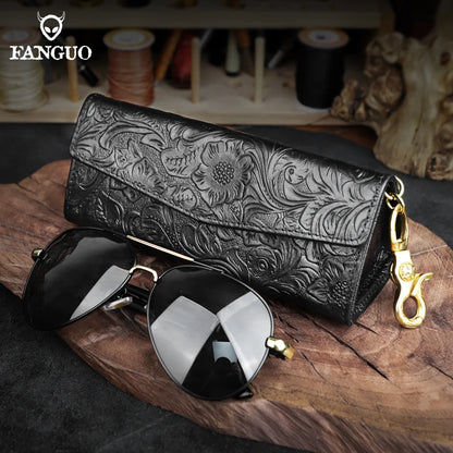 Genuine Leather Eyewear Case with Floral Embossing & Magnet Closure