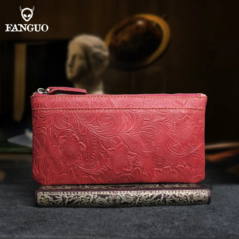 Genuine Leather Long Wallet for Women – Floral Embossed Clutch Purse