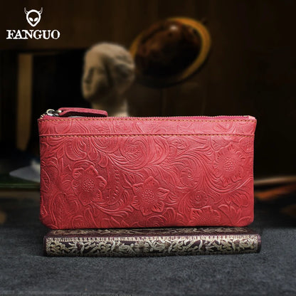 Genuine Leather Long Wallet for Women – Floral Embossed Clutch Purse