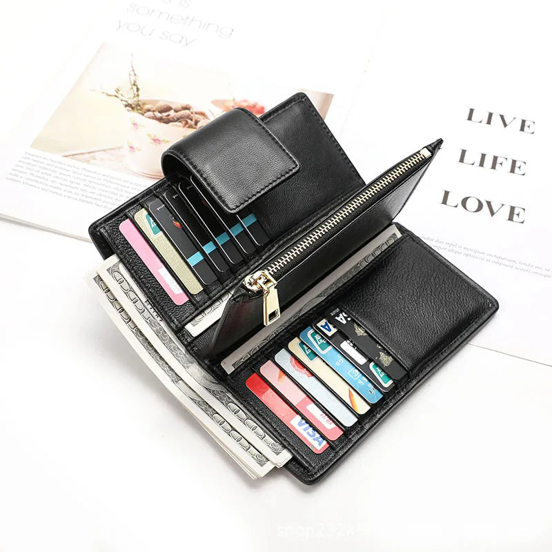 Women's Long Genuine Sheepskin Leather Wallet – Pleated Large Capacity Zipper Clutch