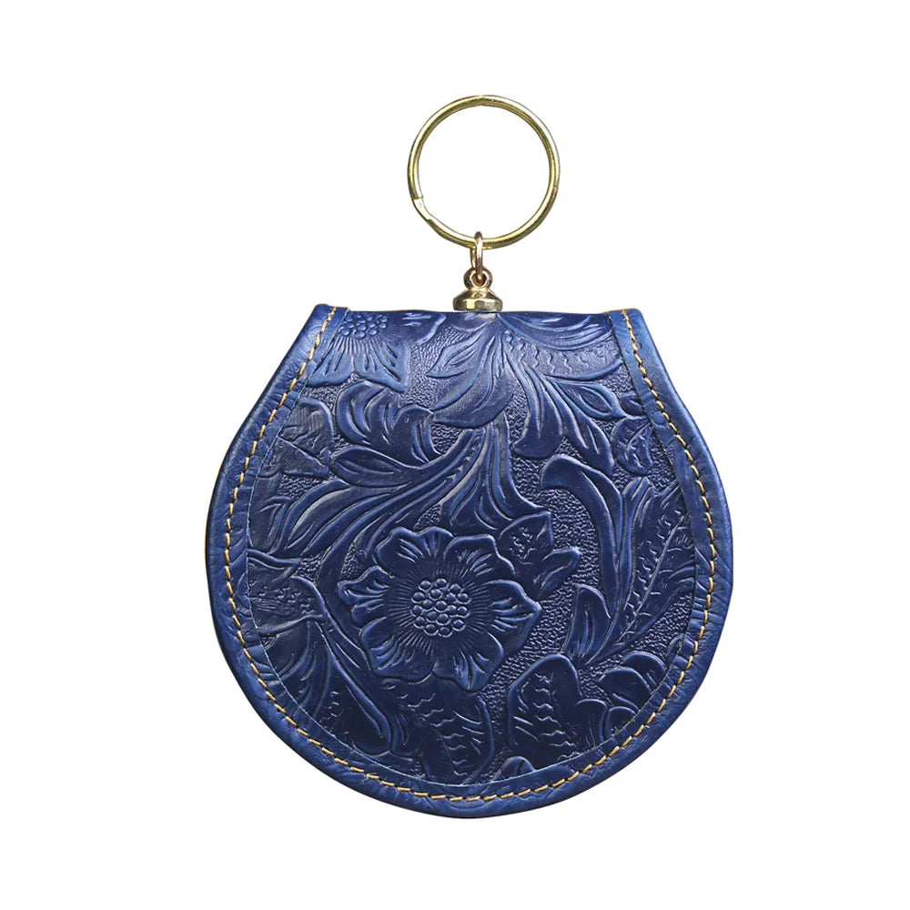 Crazy Horse Leather Mini Coin Purse – Floral Embossed Women's Wallet & Key Holder