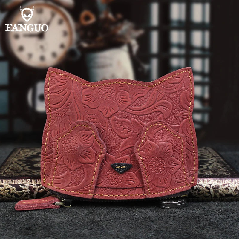 Cute Cat Leather Coin Purse – Handmade Floral Embossed Mini Wallet