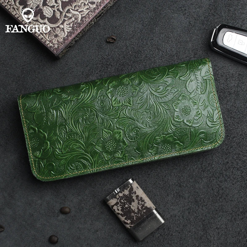 Genuine Leather Long Wallet – Floral Embossed Bifold for Men & Women