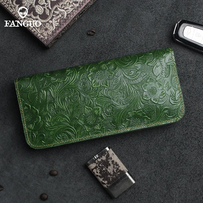 Genuine Leather Long Wallet – Floral Embossed Bifold for Men & Women
