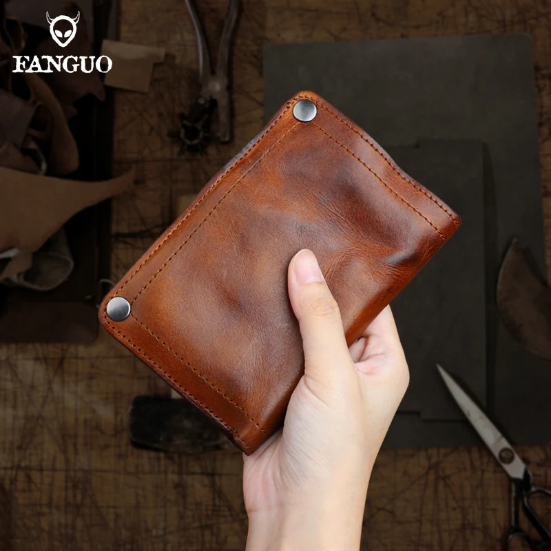 Genuine Leather Men's Bifold Wallet – Handmade Retro Snap Closure