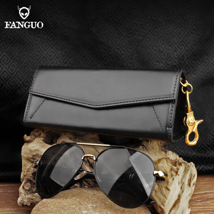 Genuine Leather Sunglasses Case – Retro Folding Eyewear Box with Magnet
