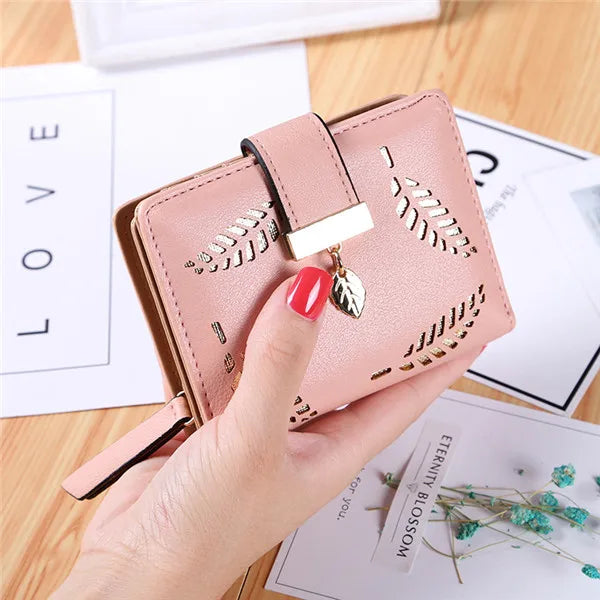 Women's Leaf Hollow-Out Leather Wallet – Compact Clutch Purse