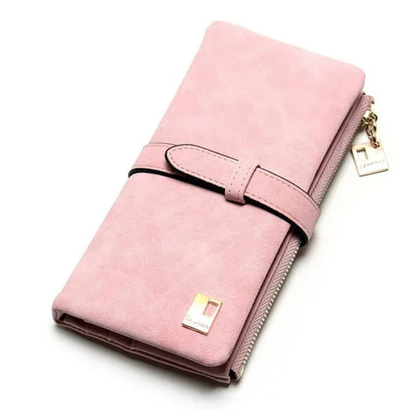Women's Nubuck Leather Long Wallet – Drawstring Zipper Purse