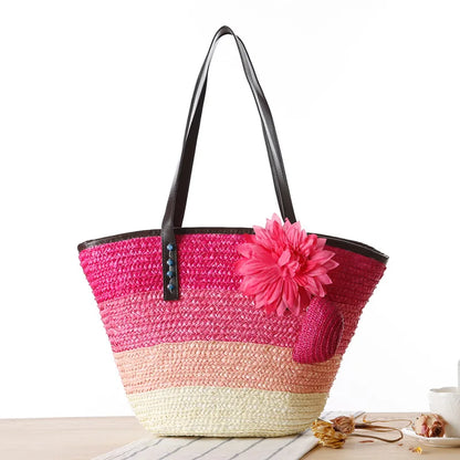 2022 Straw Handwoven Tote Shoulder Bag 2 In1 Crochet Braided Handbag Applique Hit Color Striped