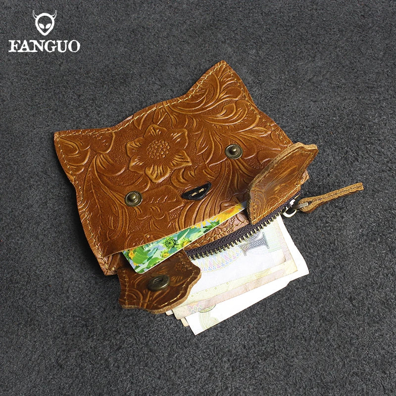 Cute Cat Leather Coin Purse – Handmade Floral Embossed Mini Wallet