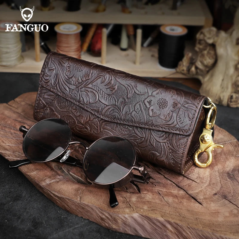 Genuine Leather Eyewear Case with Floral Embossing & Magnet Closure