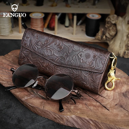 Genuine Leather Eyewear Case with Floral Embossing & Magnet Closure