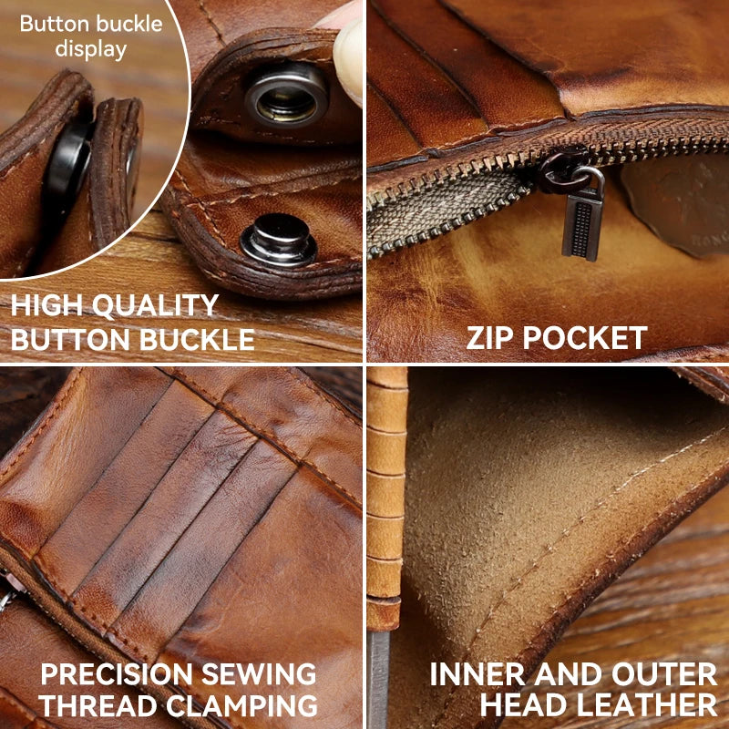 Genuine Leather Men's Bifold Wallet – Handmade Retro Snap Closure