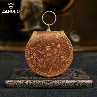 Crazy Horse Leather Mini Coin Purse – Floral Embossed Women's Wallet & Key Holder
