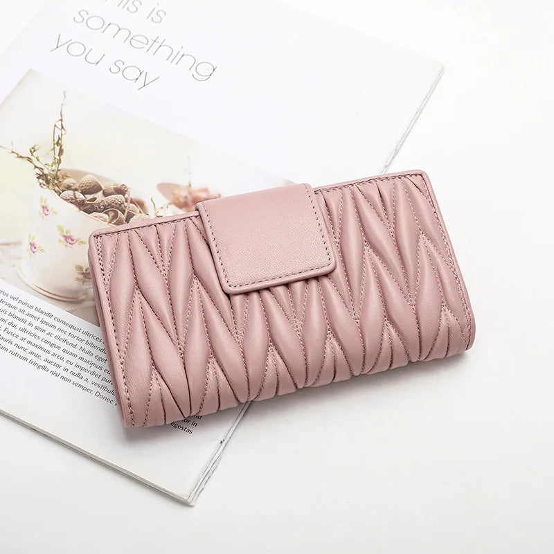 Women's Long Genuine Sheepskin Leather Wallet – Pleated Large Capacity Zipper Clutch