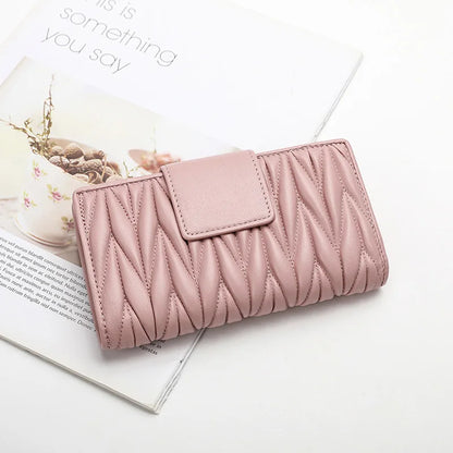 Women's Long Genuine Sheepskin Leather Wallet – Pleated Large Capacity Zipper Clutch