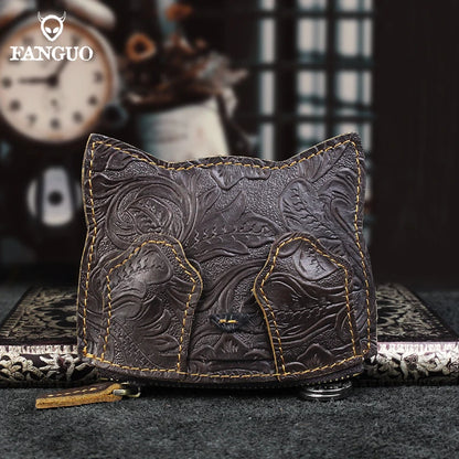 Cute Cat Leather Coin Purse – Handmade Floral Embossed Mini Wallet