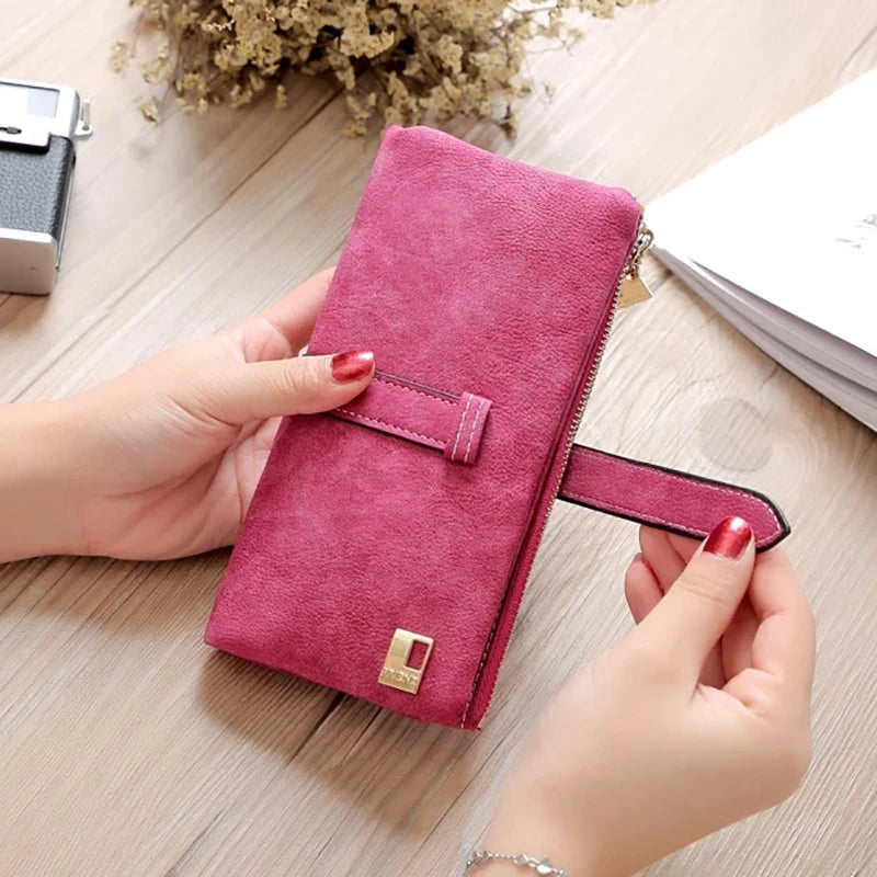 Women's Nubuck Leather Long Wallet – Drawstring Zipper Purse