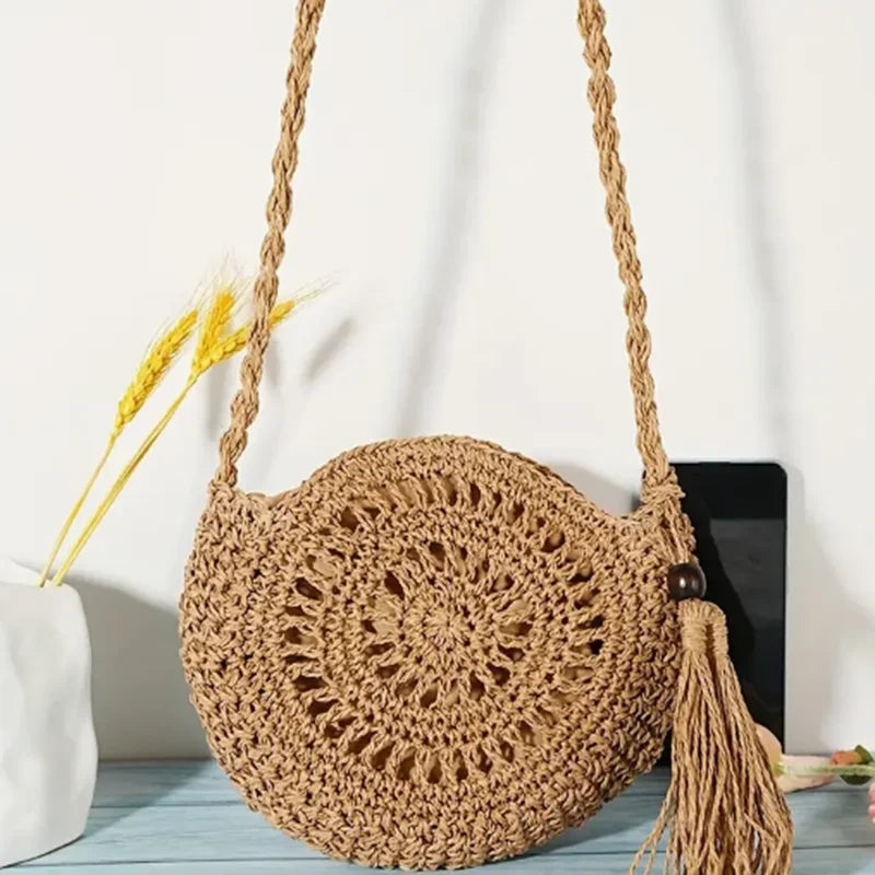 Round Straw Crossbody Bag with Tassel – Hollow Woven Purse